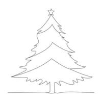 Continuous one line drawing of Christmas tree with star, garland and decorations. Hand drawn Christmas tree isolated on white background. Linear style. Vector illustration