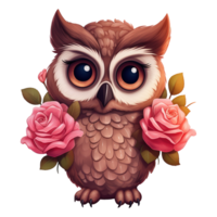 AI generated Cute owl with pink roses. AI generated image png