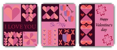 Valentine Day. Posters in a trendy abstract geometric style. Collection of illustrations with pink hearts. Flat vector design. Patterns and backgrounds that are perfect for a poster, cover or banner.