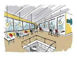 Hand drawn coworking cluster. Modern office interior, open space. workspace with computers, laptops, lighting and place for rest. Colorful horizontal vector sketch illustration.