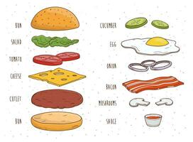 Hamburger ingredients separately. Bun, salad, tomato, cheese, cutlet, egg, bacon, mushrooms, onion, ketchup. Colorful hand drawn vector illustration.