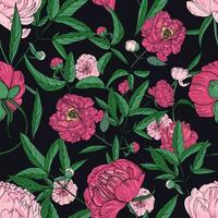 Beautiful peonies seamless pattern. Hand drawn blossom flowers, buds and leaves. Colorful vector illustration.