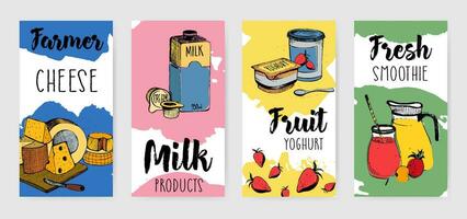 Colorful dairy products vertical advertising flyer set. Different hand drawn banner on colorful background. Vector illustration collection.