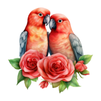 AI generated Lovebird sitting on a branch with roses. AI generated image png