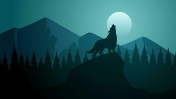 Wildlife wolf landscape vector illustration. Silhouette of wolf howling at full moon night. Wildlife wolf landscape for illustration, background or wallpaper