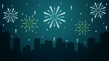 New year cityscape vector illustration. City silhouette with sparkling fireworks in new year event. New year landscape for illustration, background or wallpaper. Urban firework festival