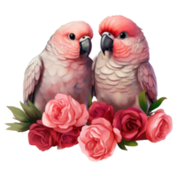 ai généré deux des oiseaux perruche avec des roses. ai généré image png