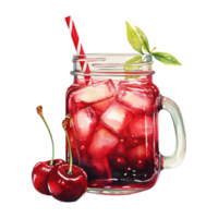 AI generated Jar of cherries with ice and a straw. AI generated image png