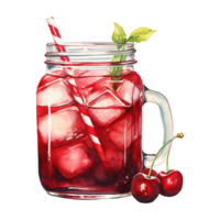 AI generated Jar of cherries with ice and a straw. AI generated image png