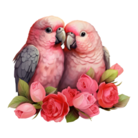 ai genererad två fåglar parakit med rosor. ai genererad bild png