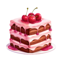 AI generated Piece of cake with pink icing and cherries on top. AI generated image png