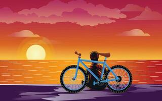 un hombre sentado en un playa con su bicicleta a puesta de sol vector