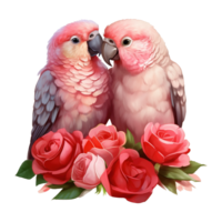 ai généré deux des oiseaux perruche avec des roses. ai généré image png