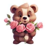 AI generated Teddy bear holding roses in paws. AI generated image png