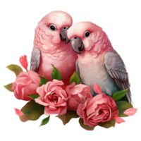 ai genererad två fåglar parakit med rosor. ai genererad bild png