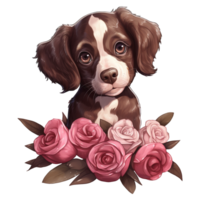 AI generated Puppy with pink rose. AI generated image png
