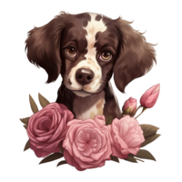 AI generated Puppy with pink rose. AI generated image png