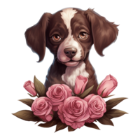 ai gegenereerd puppy met roze roos. ai gegenereerd beeld png