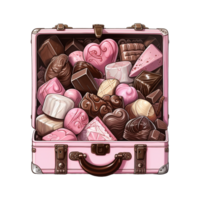 ai gegenereerd roze koffer gevulde met chocolaatjes en snoepjes. ai gegenereerd beeld png