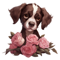 AI generated Puppy with pink rose. AI generated image png
