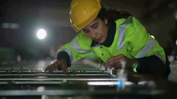 usine ingénieur brésilien femme permanent confiance avec portable. ouvrier travaux à lourd machine à industrie usine. avec machinerie équipement plante technologie. intelligent industrie ouvrier en fonctionnement. video