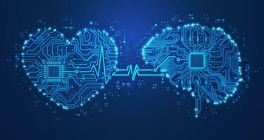 concept of connection between mind and interllect or deep learning, graphic of cyber heart and brain with futuristic element vector