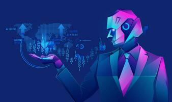 concepto de robot comercio tecnología, gráfico de robot empresario utilizando fintech interfaz presentado en cyberpunk personaje estilo vector