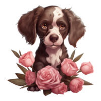 AI generated Puppy with pink rose. AI generated image png