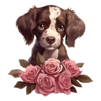 AI generated Puppy with pink rose. AI generated image png