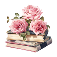 AI generated Pink roses on top of a stack of books. AI generated image png