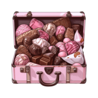 ai généré rose valise rempli avec des chocolats et des sucreries. ai généré image png