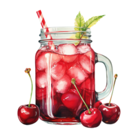 AI generated Jar of cherries with ice and a straw. AI generated image png