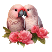 ai généré deux des oiseaux perruche avec des roses. ai généré image png