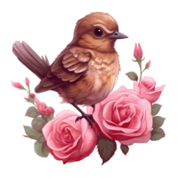 ai generiert Vogel Sitzung auf ein Ast von ein Rose Busch. ai generiert Bild png