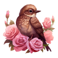 ai generiert Vogel Sitzung auf ein Ast von ein Rose Busch. ai generiert Bild png