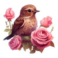 ai generiert Vogel Sitzung auf ein Ast von ein Rose Busch. ai generiert Bild png