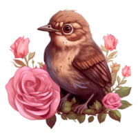 ai generiert Vogel Sitzung auf ein Ast von ein Rose Busch. ai generiert Bild png