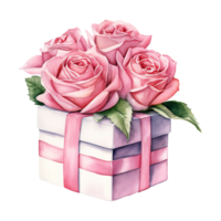 AI generated Pink roses in a pink gift box with a bow. AI generated image png