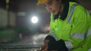 usine ingénieur brésilien femme permanent confiance avec portable. ouvrier travaux à lourd machine à industrie usine. avec machinerie équipement plante technologie. intelligent industrie ouvrier en fonctionnement. video