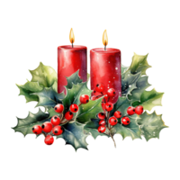 AI generated two red candles with holly leaves and red berries. AI generated image png