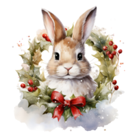 AI generated watercolor christmas bunny with wreath. AI generated image png