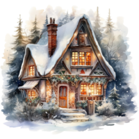 AI generated watercolor of a house with a snow. AI generated image png