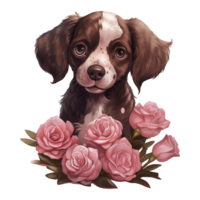 ai gegenereerd puppy met roze roos. ai gegenereerd beeld png