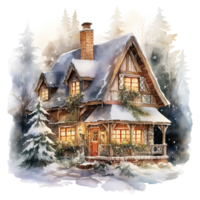 AI generated watercolor of a house with a snow. AI generated image png