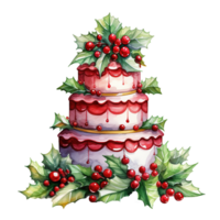 AI generated watercolor christmas cake with holly and berries. AI generated image png