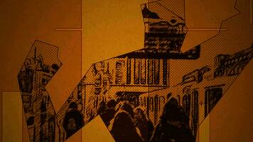 een poster met een Mens wandelen in voorkant van een gebouw, geanimeerd tekenfilm verhaal video intro Sjablonen