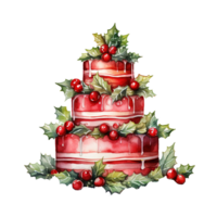 AI generated watercolor christmas cake with holly and berries. AI generated image png