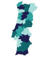 Portugal map. Map of Portugal in administrative provinces in multicolor png