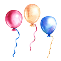 Festive balloons. Blue, yellow and pink. Handmade watercolor illustration. For packaging paper, textiles, greeting cards, labels, packages. For holiday decorations. For compositions from postcards png