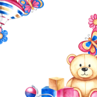 A frame with children's toys. A ball and a spinning top, cubes and a teddy bear, a train. Handmade watercolor illustration. For the design of children's books, greeting and invitation cards and flyer png